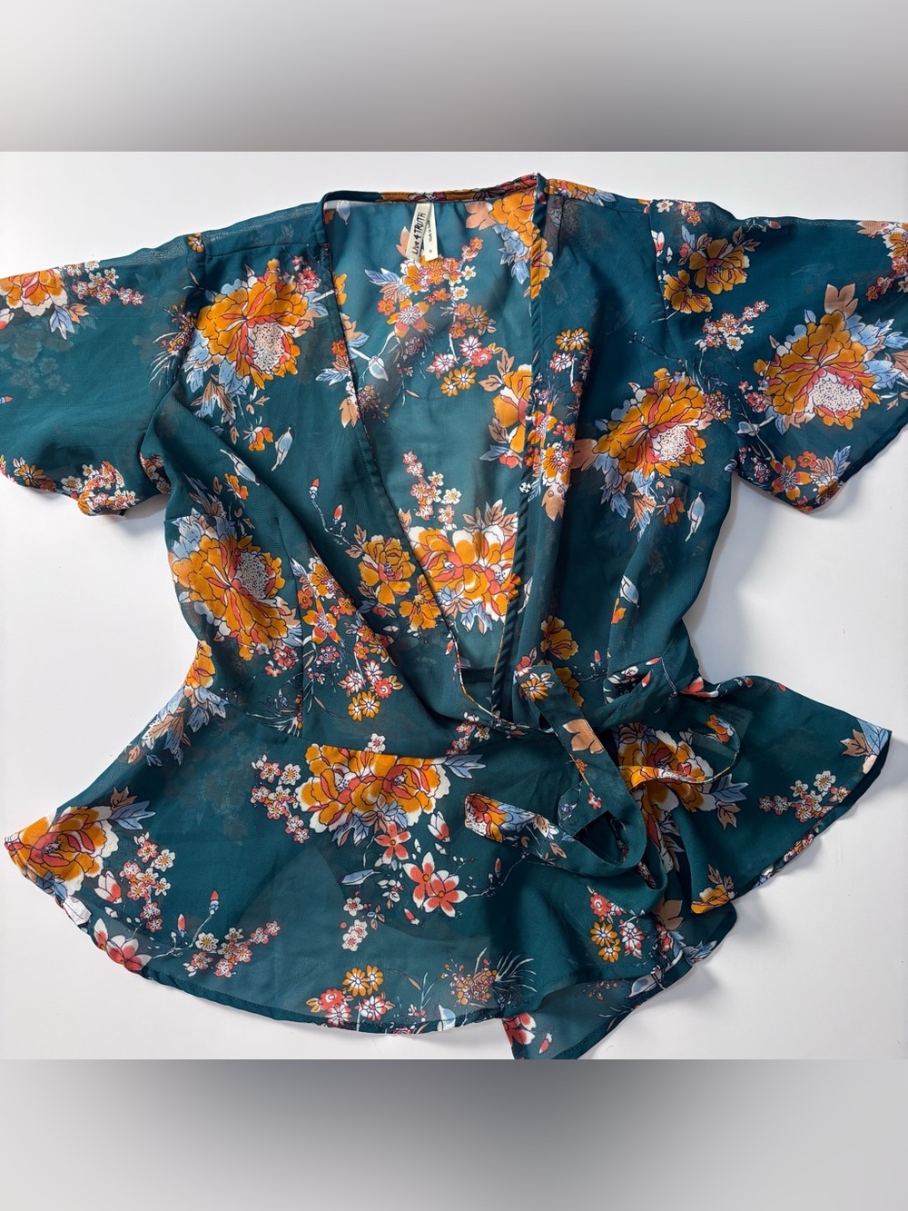 Y2K Live4TRUTH Floral Wrap Blouse in Teal with Orange Print